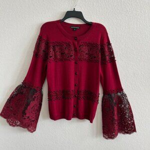 NWOT BOSTON PROPER BLACK BEAD EMBELLISHED BURGUNDY/BLACK LACE CARDIGAN, SIZE L